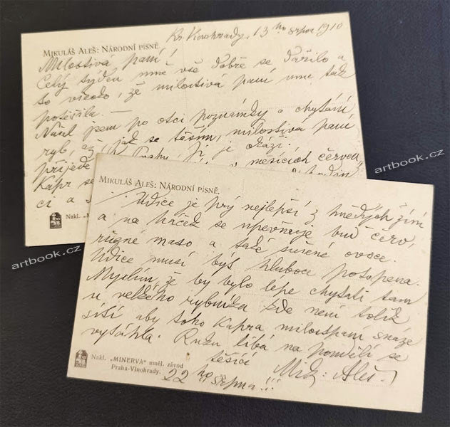 Mikoláš Aleš (18.11.1852 - 10.7.1913). Český malíř. - rukopis o rybách.