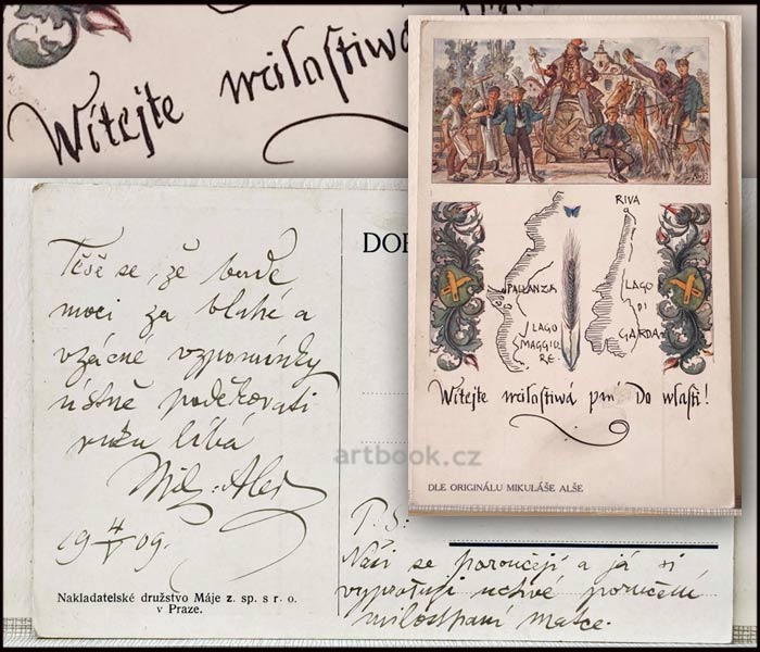 Mikoláš Aleš (18.11.1852 - 10.7.1913). Český malíř. - 3x Alšův rukopis, podpis, dat. 1909.