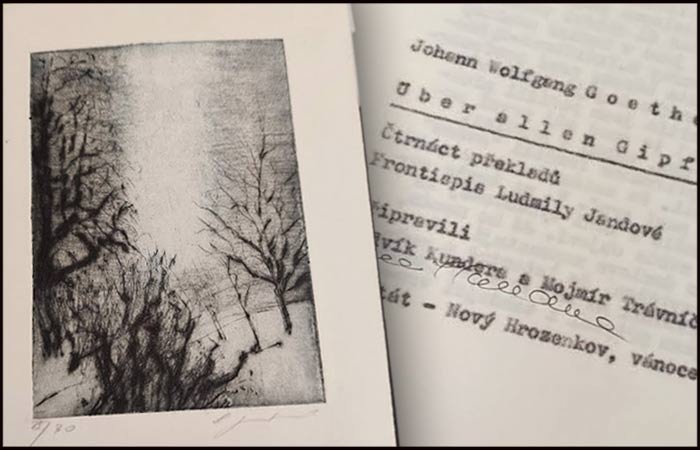 JOHANN WOLFGANG GOETHE. ÜBER ALLEN GIPFELN. Čtrnáct překladů, rytina Ludmila Jandová. - Kunštát, 1982.