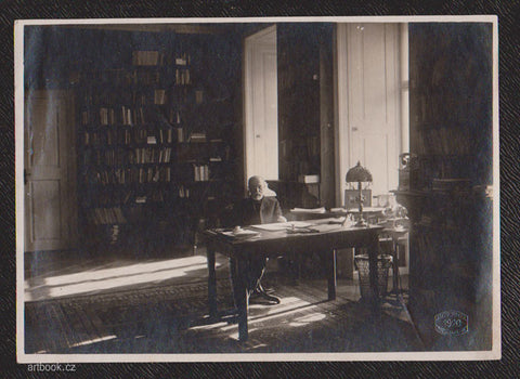 T. G. Masaryk ve své knihovně na Pražském hradě. Foto Vojta, 1920.