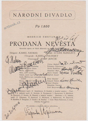 PRODANÁ NEVĚSTA. Program Národního divadla v Praze s podpisy 13 aktérů operního představení. 1945-1949.