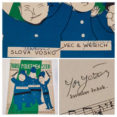 JEŽEK, VOSKOVEC A WERICH: TŘI STRÁŽNICI - 1930. Podpisy Ježek, Voskovec, Werich.