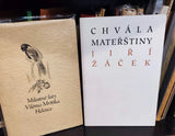 ŽÁČEK; JIŘÍ: CHVÁLA MATEŘŠTINY. - 1996. 3 sign. linoryty JAROSLAV SŮRA.  Podpisy obou autorů v tiráži.