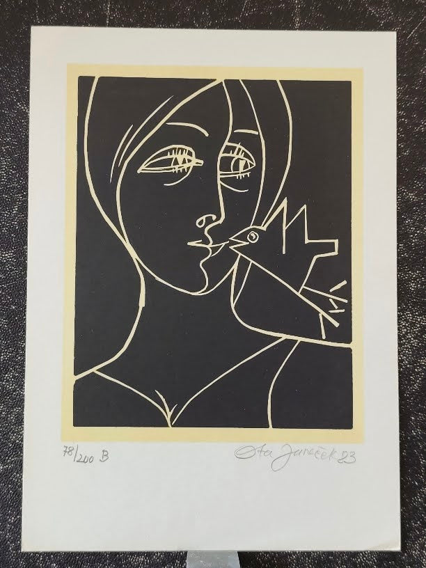 Ota Janeček. Dívka s ptáčkem. - linoryt, 1983, sign.