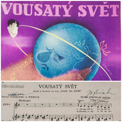 VOSKOVEC & WERICH - JAROSLAV JEŽEK: VOUSATÝ SVĚT. - 1936. Podpisy Ježek, Voskovec &amp; Werich.