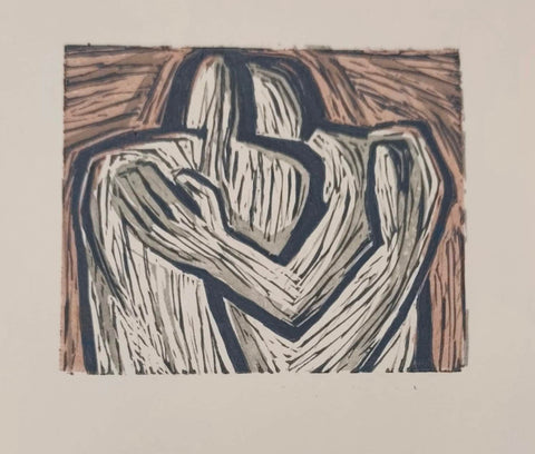 Květa Válová. V objetí. Barevný dřevořez. - (1992).