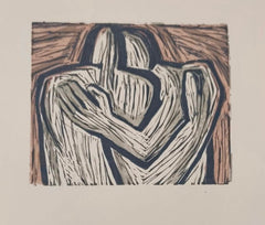 Květa Válová. V objetí. Barevný dřevořez. - (1992).