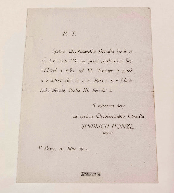 VLADISLAV VANČURA. UČITEL A ŽÁK. / OSVOBOZENÉ DIVADLO. 14. a 13. října 1927.