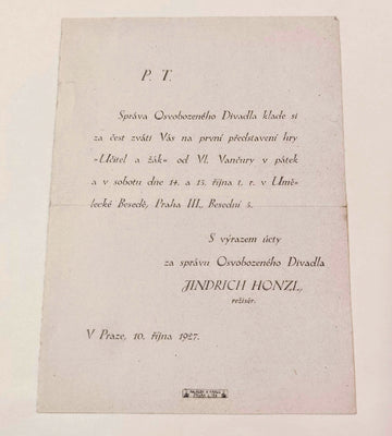 VLADISLAV VANČURA. UČITEL A ŽÁK. / OSVOBOZENÉ DIVADLO. 14. a 13. října 1927.