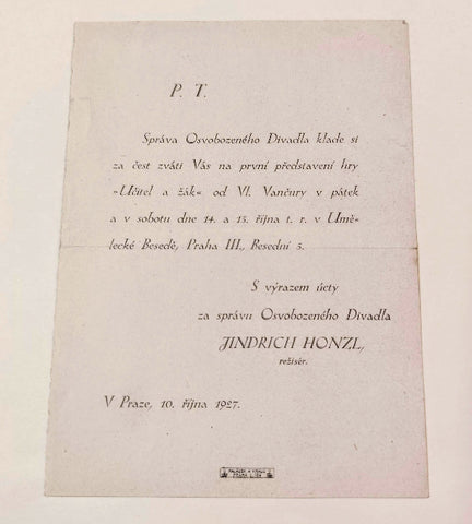 VLADISLAV VANČURA. UČITEL A ŽÁK. / OSVOBOZENÉ DIVADLO. 14. a 13. října 1927.
