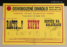 Plakát Osvobozeného divadla. 4. a 5. září 1928. A. Breton a Ph. Soupault: Račte…? Voskovec a Werich: Kufry. V. Nezval: Depeše na kolečkách.