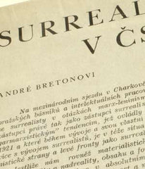 Surrealismus v ČSR. - 1934. Leták - Manifest. Nezval; Biebl; Štyrský; Toyen; Honzl; Ježek; Makovský; Brouk. /q/