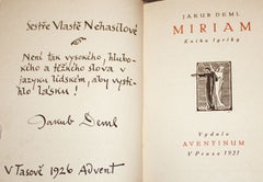 DEML; JAKUB: MIRIAM. - 1921. Podpis autora. Titul FRANTIŠEK BÍLEK; úpr. SVATOPLUK KLÍR.
