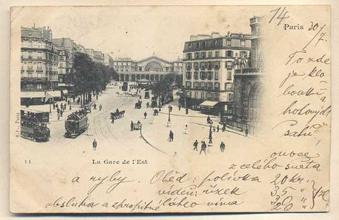 1900. Pohlednice. Paříž. Francie. Cizina. Dlouhá adresa. Tramvaje.