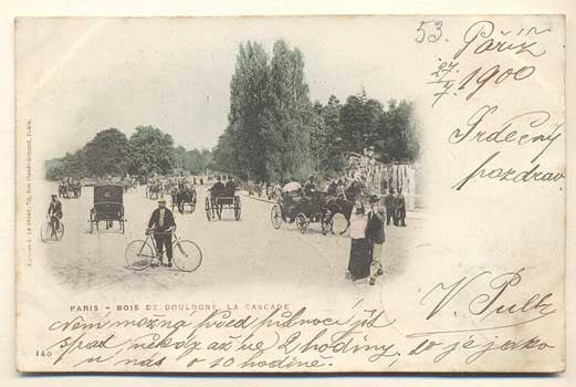 1900. Pohlednice. Paříž. Francie. Cizina. Místopis. Dlouhá adresa. Kočáry; kola.