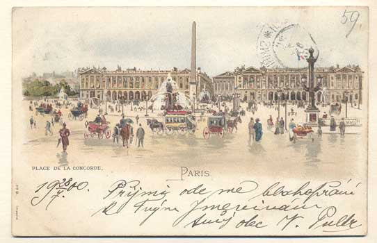 1900. Pohlednice. Paříž. Francie. Cizina. Místopis. Dlouhá adresa. Kočáry.