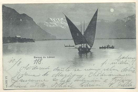 1900. Pohlednice. Švýcarsko. Lodˇ. Cizina. Místopis. Dlouhá adresa.