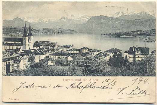 1900. Pohlednice. Švýcarsko. Cizina. Místopis. Dlouhá adresa.