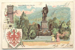 GRUSS AUS INNSBRUCK. ANDREAS HOFER DENKMAL A BERG JSEI. - 1900. Pohlednice. Rakousko. Cizina. Místopis. Dlouhá adresa.