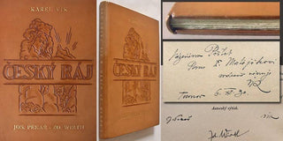 ČESKÝ RÁJ V BAREVNÝCH DŘEVORYTECH KARLA VIKA. - 1930. Podpisy autorů: J. Pekař; Z. Wirth; K. Vik; kožená vazba; sign. J. KOPEČEK. /q/