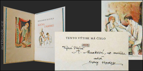 1931. Edice Proměny; sv. 6. Litografie JOSEFA HODKA a jeho dedikace Anně Mackové. Podpis B. Kličky.