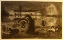 REYNEK; BOHUSLAV: POKÁNÍ V NINIVE.  - Suchá jehla; 159x249. Pozdější otisk z původní desky; tiskl Daniel Reynek; jeho podpis tužkou. /sr/