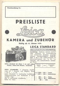 1939. Ceník Leica. /kamera/technika/