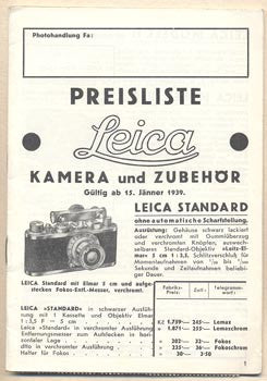 1939. Ceník Leica. /kamera/technika/