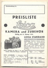 PREISLISTE LEICA - KAMERA UND ZUBEHÖR. - 1939. Ceník Leica. /kamera/technika/