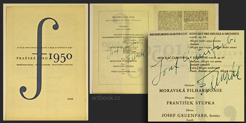1950. Signatures on program. František Stupka; dirigent a Josef Gruenfarb; Švédsko; housle; podpisy.