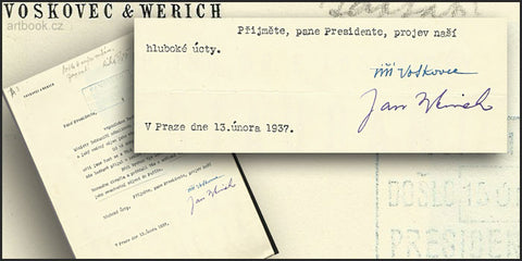 1937. 13. únor. Strojopisný dopis s hlavičkou V&W; plné  podpisy obou umělců. /w/q/