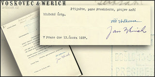 VOSKOVEC & WERICH - dopis Presidentu Edvardu Benešovi. - 1937. 13. únor. Strojopisný dopis s hlavičkou V&W; plné  podpisy obou umělců. /w/q/