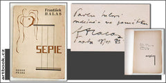 HALAS; FRANTIŠEK: SEPIE. - 1927. 1. vyd. Obálka VÍT OBRTEL; typo KAREL TEIGE. Odeon. Dedikace a podpis autora.