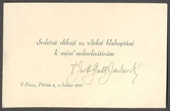 JIŘÍ STANISLAV GUTH-JARKOVSKÝ - autogram. - Dopisnice. Podpis. Praha: Valdštýnský palác na Malé Straně.