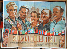 Setkání v Bukurešti. - 1953. Filmový plakát. 600x840. Režie: Čeněk Duba. Na plakátu mj. Emil Zátopek; Pavel Kohout.