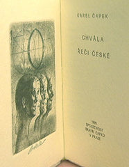 ČAPEK; KAREL: CHVÁLA ŘEČI ČESKÉ. - 1990. Signovaný lept 71x50 JIŘÍ ANDERLE; 200 výtisků; ruční papír; kožená vazba. PRODÁNO / SOLD