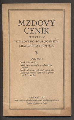 MZDOVÝ CENÍK PRO ČLENY CENÍKOVÉHO SOURUČENSTVÍ GRAFICKÉHO ZÁVODU. - 1925.